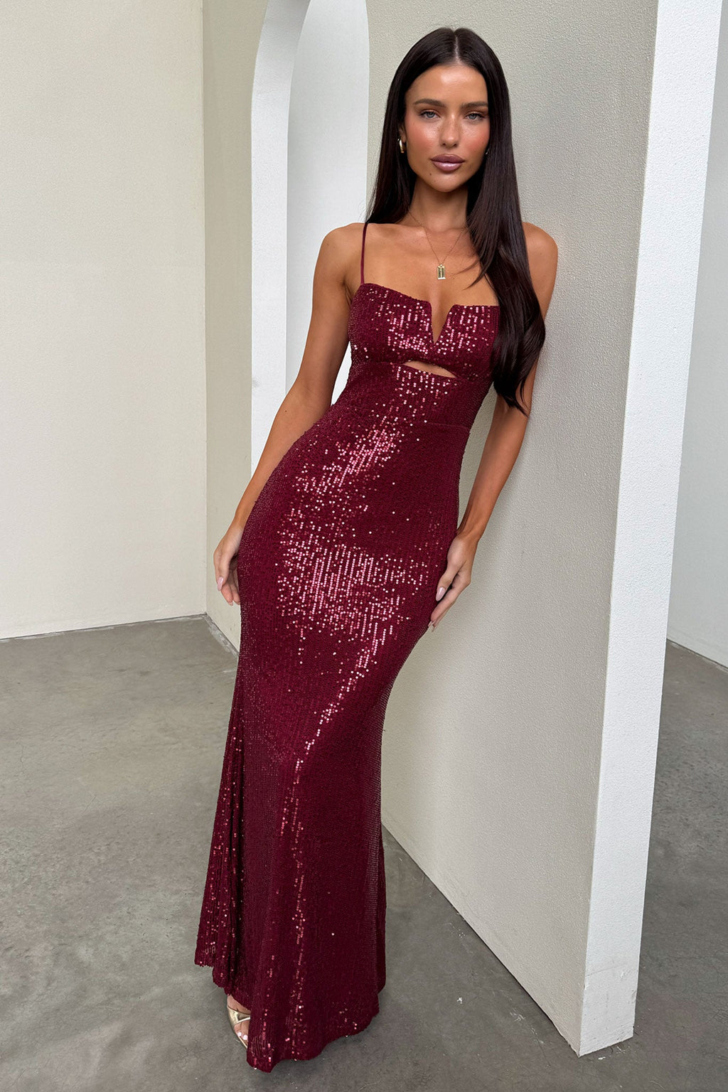 Bonnie Sequin Maxi Dress - Burgundy - Luxoria